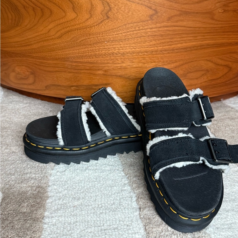 NWOT! Dr. Martens Myles Suede Buckle Sandals with Faux Fur Lining - Picture 2 of 8